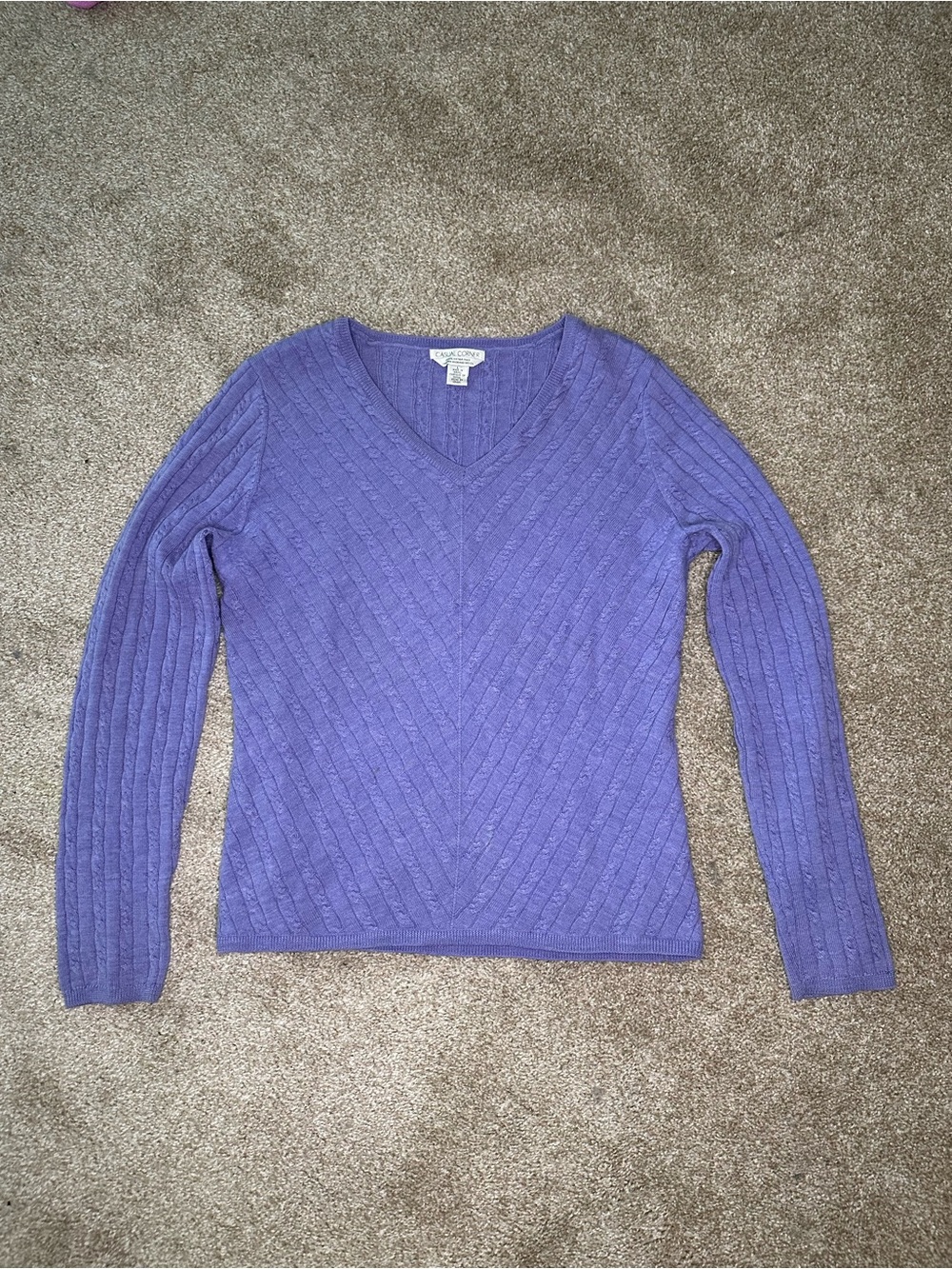 VTG Casual Corner Lavender V-Neck Cable Knit Sweater | 100% Italian Merino Wool